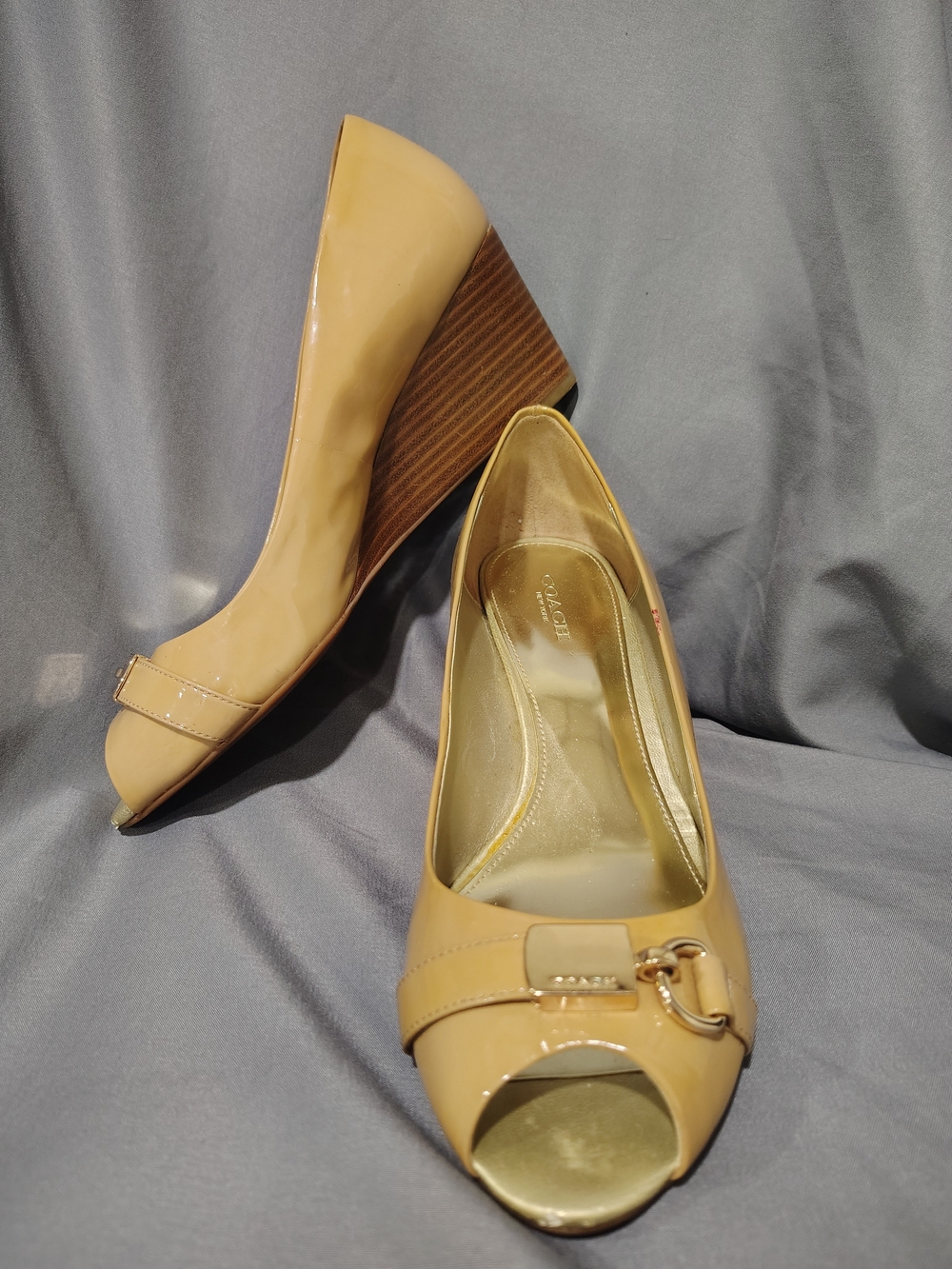 Coach Beige Peep-Toe Wedge Pumps
